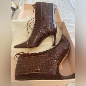 ALEXANDRE BIRMAN GINNY CROCODILE-EMBOSSED WOMENS LEATHER HEEL BOOTS SZ 6.5 NEW